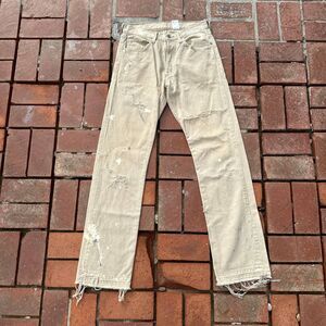 Levi’s 501 Khaki Distressed Jeans Men’s 32x34 Paint Splatter Raw Hem Workwear